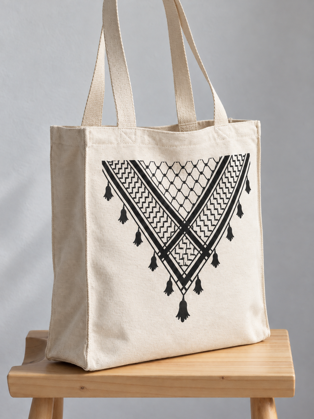 Vue de trois quarts — tote bag Keffieh sur tabouret