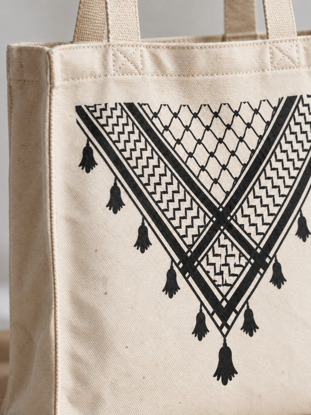 Détail du motif Keffieh et de la toile écrue